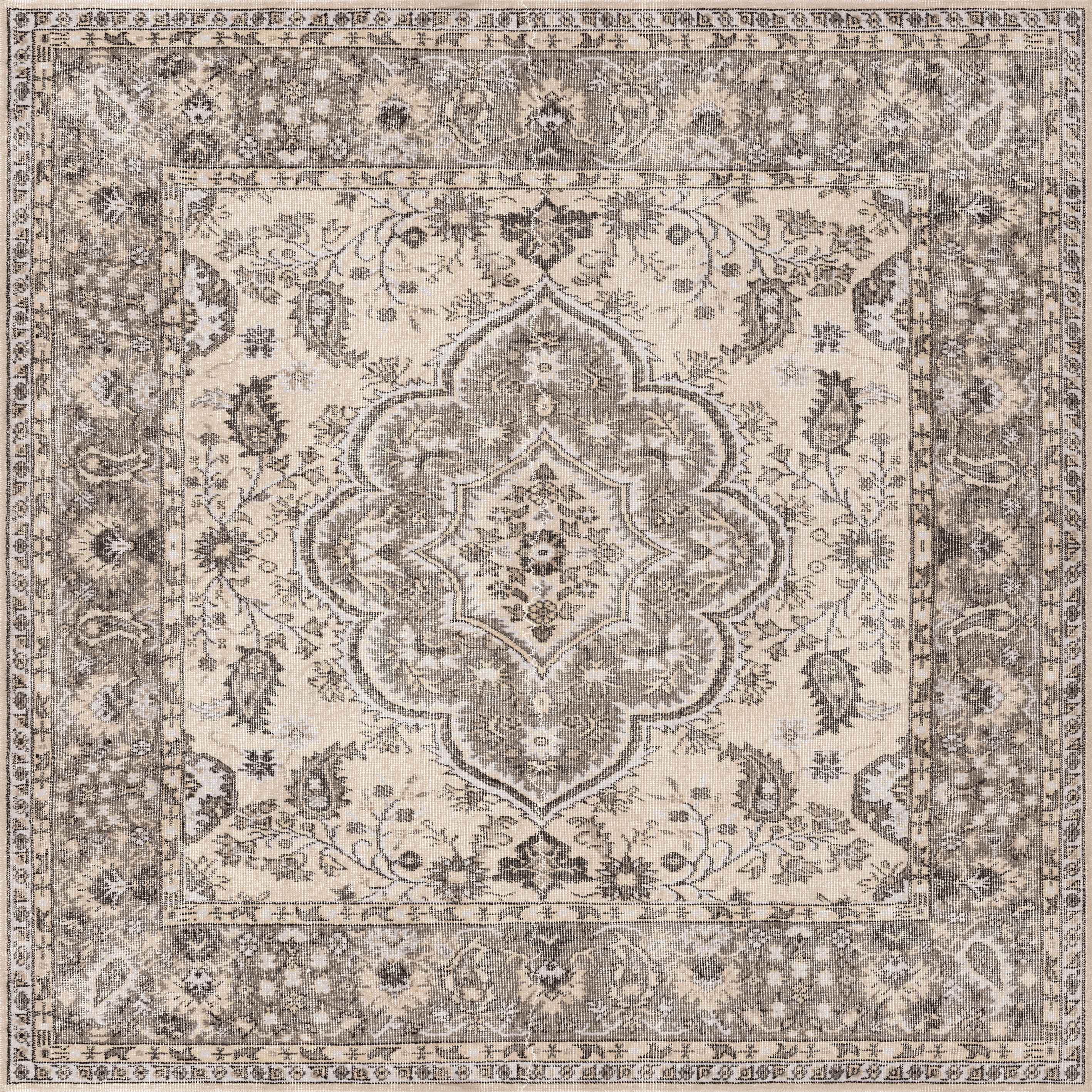 The Opulent Mirage - Washable Rug - JRN1008 (Custom Size) showcases an intricate medallion design in beige and gray, detailed borders, and symmetrical patterns for a vintage look ideal for traditional interiors.