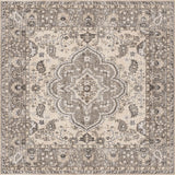 The Opulent Mirage - Washable Rug - JRN1008 (Custom Size) showcases an intricate medallion design in beige and gray, detailed borders, and symmetrical patterns for a vintage look ideal for traditional interiors.