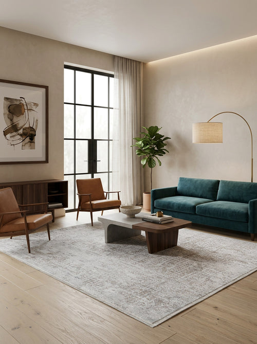Load image 1 in gallery view. A modern living room with a teal sofa, two brown leather chairs, a wood coffee table, the Opulent Tapestry Washable Rug (JR1775), a potted plant, abstract wall art, and a floor lamp—all against light walls and wood flooring by tall windows.