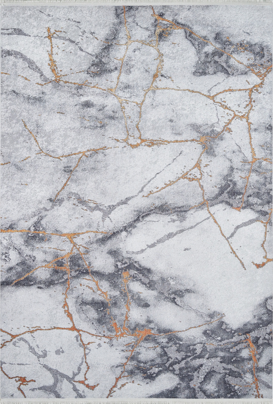 The Opulent Veins - Machine-Washable Rug JR1593 (Custom Size) features a rectangular, flat weave in gray and white with gold marble-like veining, adding modern elegance and easy-care style to any space.