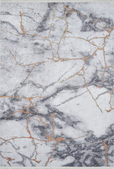 The Opulent Veins - Machine-Washable Rug JR1593 (Custom Size) features a rectangular, flat weave in gray and white with gold marble-like veining, adding modern elegance and easy-care style to any space.