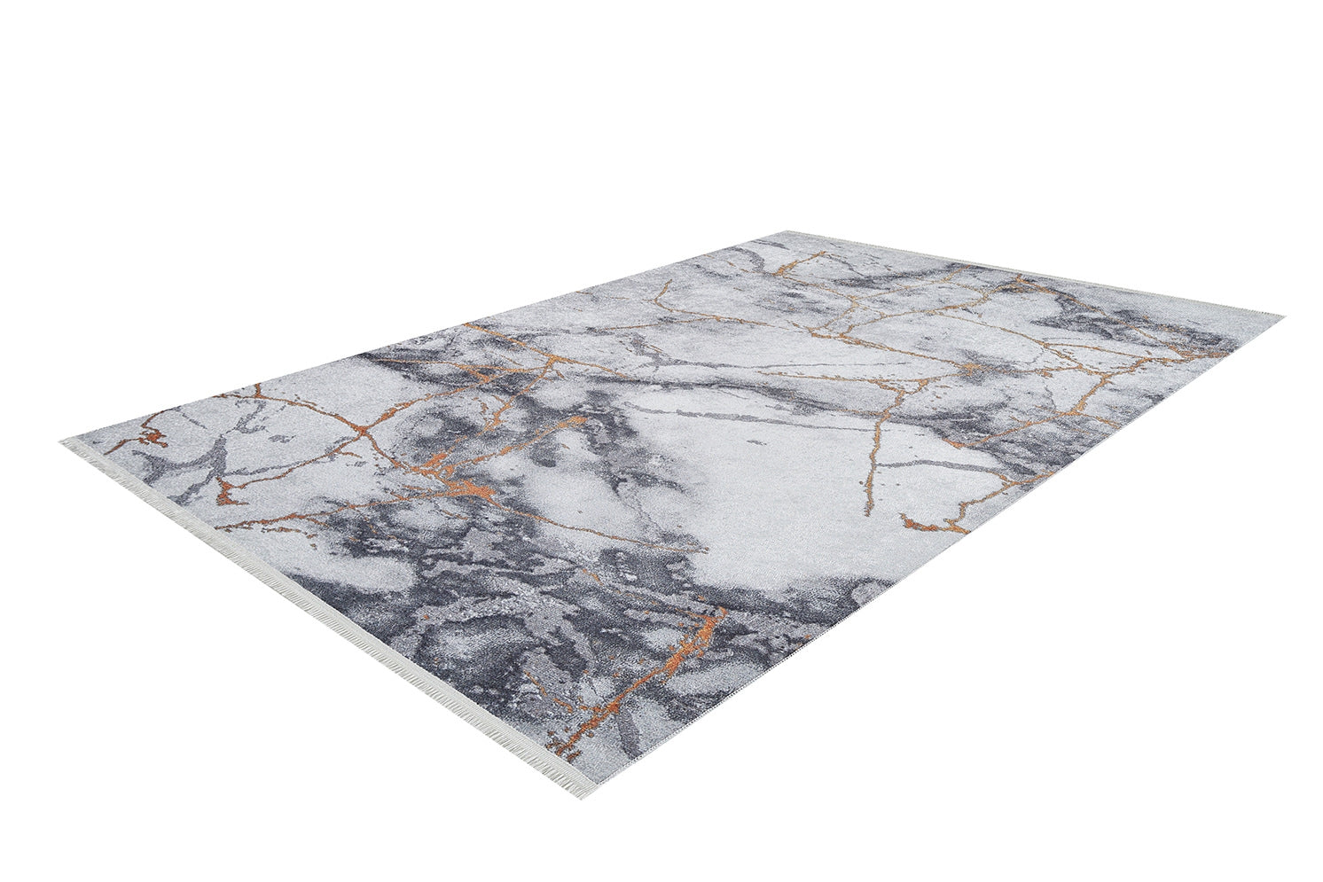 The Opulent Veins - Machine-Washable Rug JR1593 (Custom Size) features a rectangular flat weave with a marble-like gray and white pattern, accented by thin gold lines, shown on a white background.