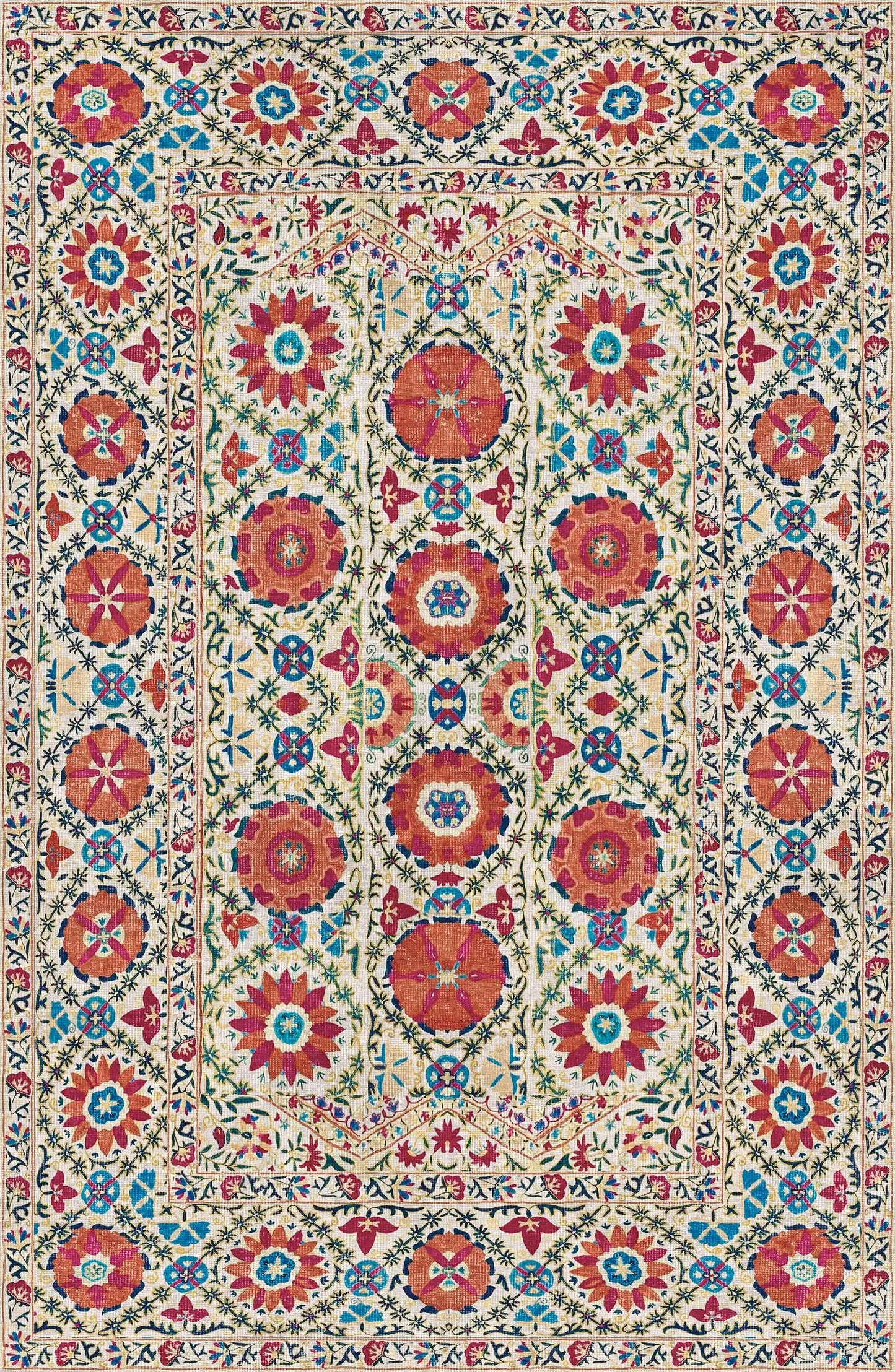 The Orient Bloom - Washable Rug - JRN1029 (Custom Size) features intricate floral and geometric patterns in red, blue, green, and orange on a cream background with symmetrical borders and medallions for timeless style and easy care.
