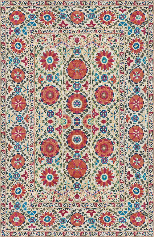 Load image 1 in gallery view. The Orient Bloom - Washable Rug - JRN1029 (Custom Size) features intricate floral and geometric patterns in red, blue, green, and orange on a cream background with symmetrical borders and medallions for timeless style and easy care.