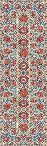 The Orient Bloom - Washable Rug - JRN1029 (Custom Size) features a complex geometric pattern with red, blue, and gold motifs, central medallions, and a floral border on a cream background. Symmetrical, intricately detailed, and easy to maintain.