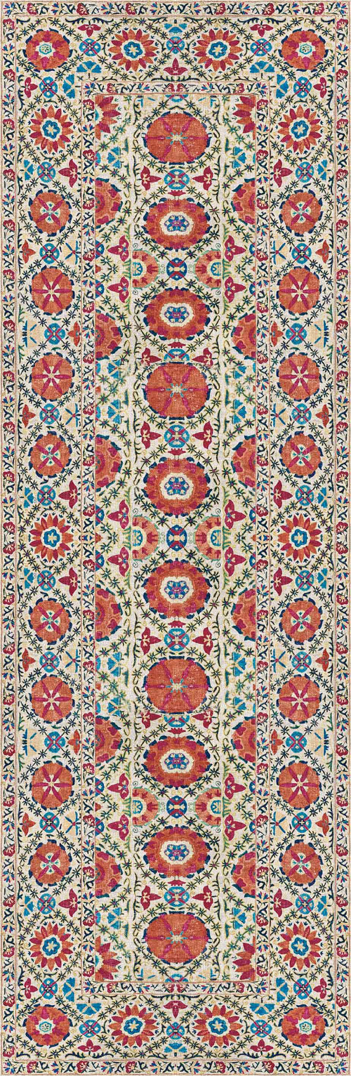 Load image 1 in gallery view. The Orient Bloom - Washable Rug - JRN1029 (Custom Size) features a complex geometric pattern with red, blue, and gold motifs, central medallions, and a floral border on a cream background. Symmetrical, intricately detailed, and easy to maintain.