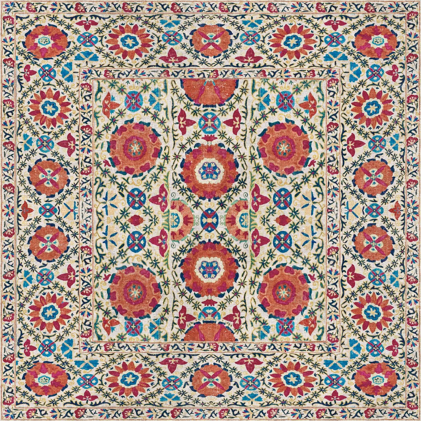 The Orient Bloom - Washable Rug - JRN1029 features colorful, intricate floral and geometric patterns in red, blue, green, and yellow on cream with a bordered motif—durable for high-traffic areas and easy to clean.