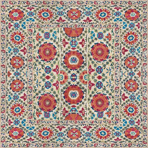 Load image 1 in gallery view. The Orient Bloom - Washable Rug - JRN1029 features colorful, intricate floral and geometric patterns in red, blue, green, and yellow on cream with a bordered motif—durable for high-traffic areas and easy to clean.