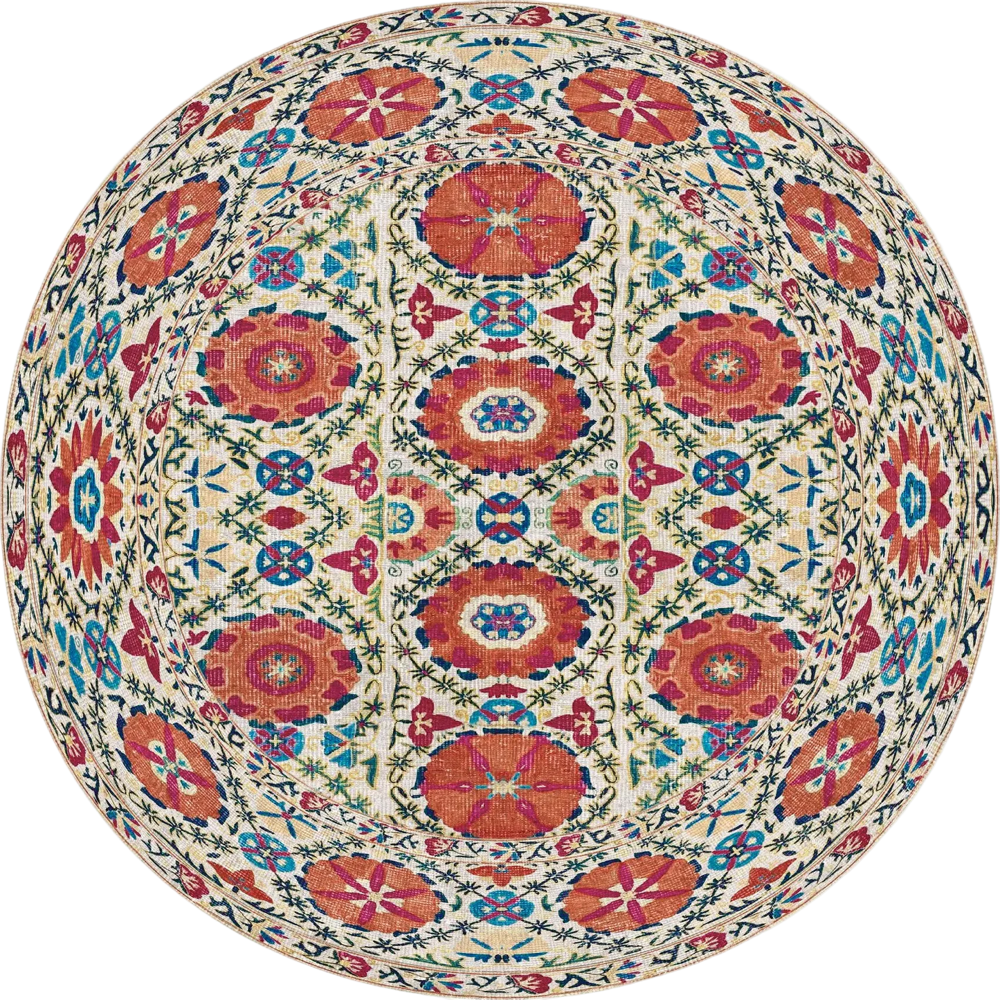 The Orient Bloom - Washable Rug (JRN1029) features a kaleidoscopic floral pattern in vibrant red, orange, and blue with green vines on cream. Its symmetrical, washable design suits high-traffic and allergy-sensitive spaces.