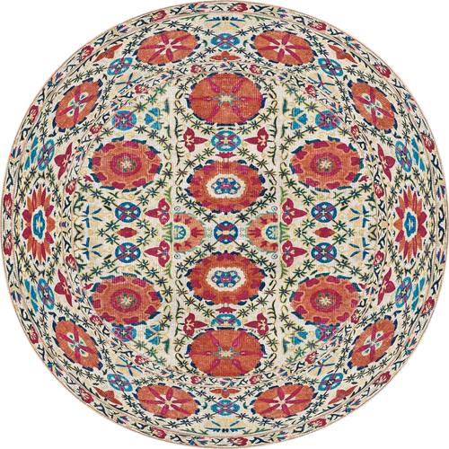 Load image 1 in gallery view. The Orient Bloom - Washable Rug (JRN1029) features a kaleidoscopic floral pattern in vibrant red, orange, and blue with green vines on cream. Its symmetrical, washable design suits high-traffic and allergy-sensitive spaces.