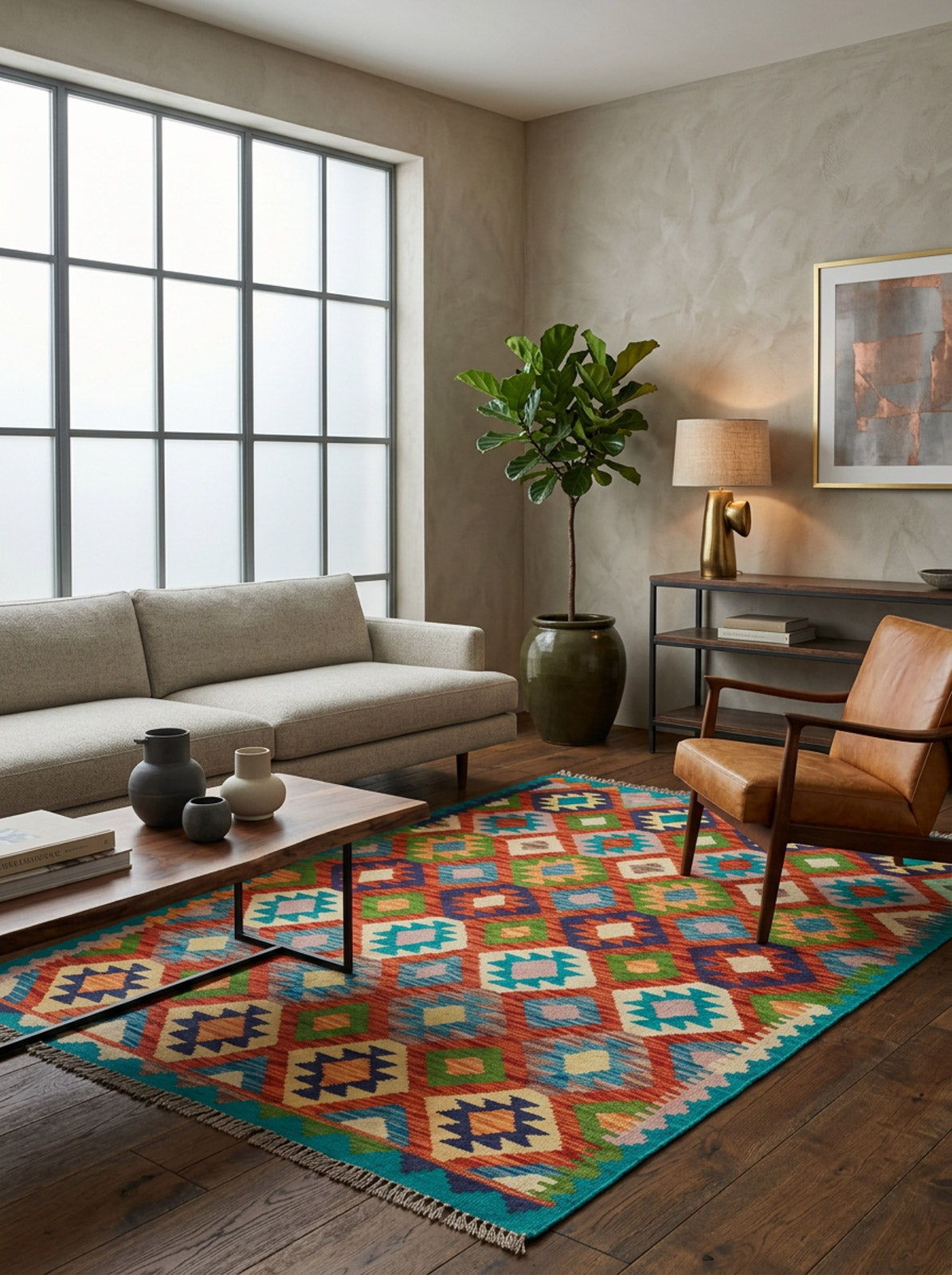 A modern living room with a large window, light gray sofa, tan leather chair, Oriental Harmony - Handwoven Kilim rug with geometric patterns, potted plant, wooden coffee table, metal shelf, lamp, and framed wall art.