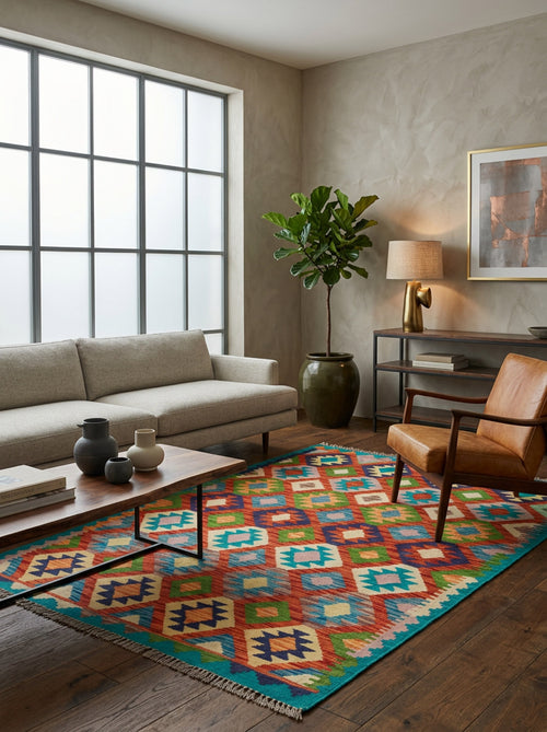 Load image 1 in gallery view. A modern living room with a large window, light gray sofa, tan leather chair, Oriental Harmony - Handwoven Kilim rug with geometric patterns, potted plant, wooden coffee table, metal shelf, lamp, and framed wall art.