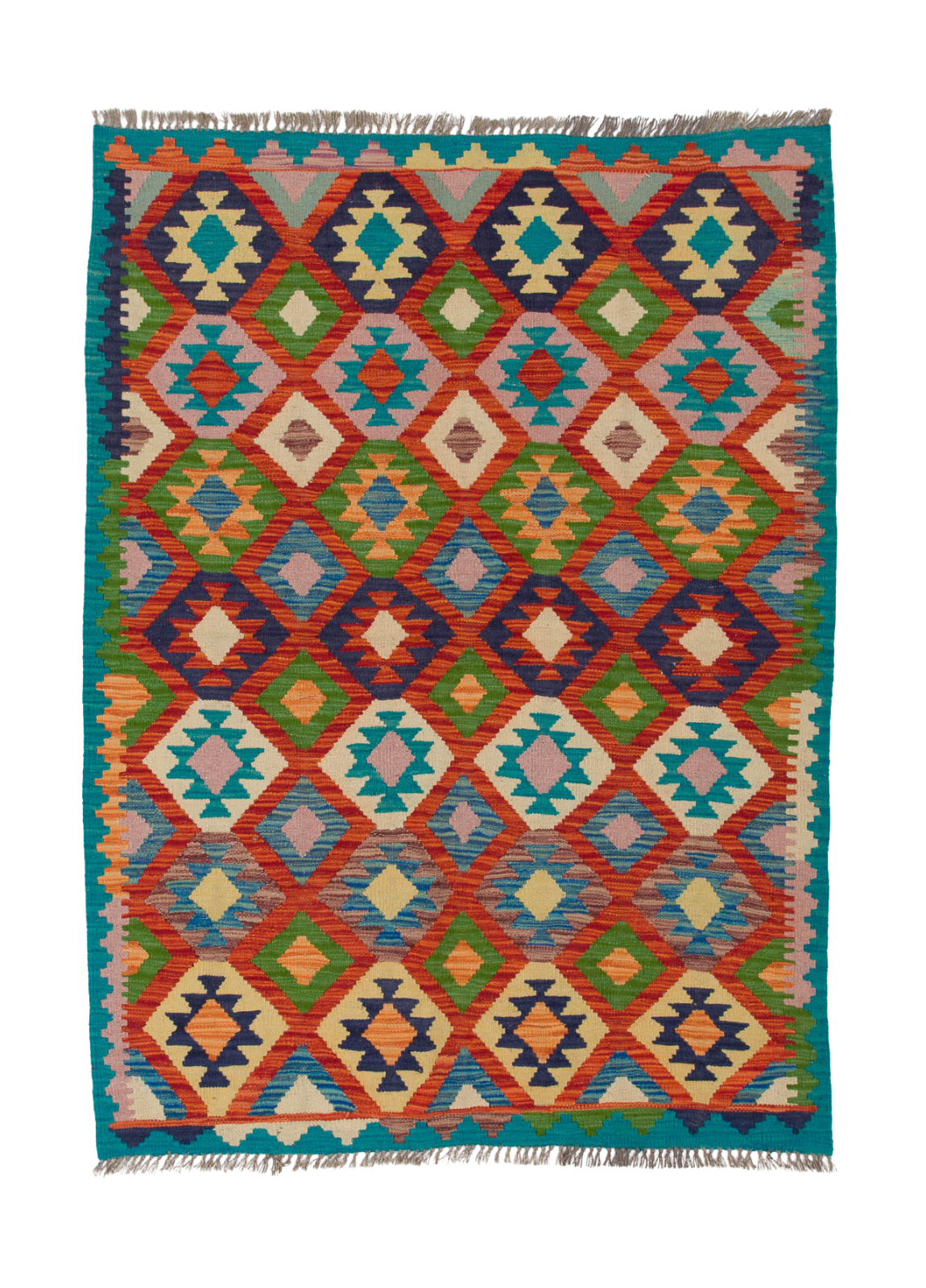 Oriental Harmony - Handwoven Kilim is a colorful flatweave rug with a geometric diamond pattern in red, blue, green, orange, and cream, accented by a teal border and fringed edges. Inspired by traditional kilims for unique style.