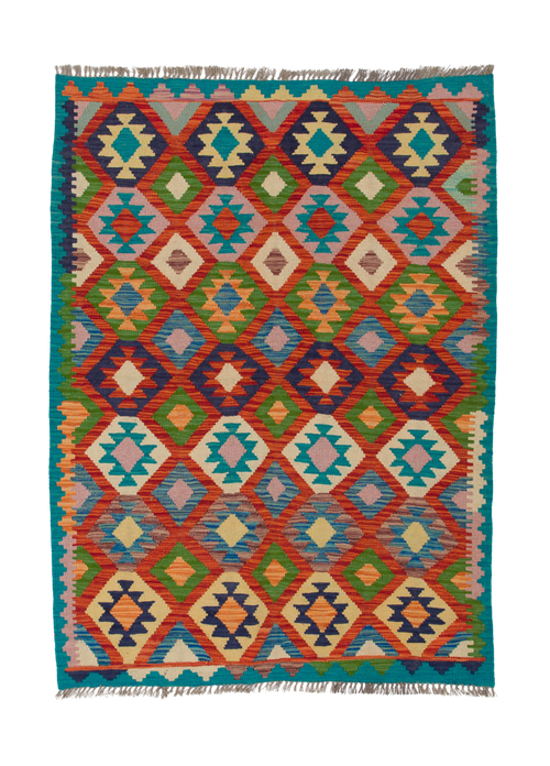 Load image 1 in gallery view. Oriental Harmony - Handwoven Kilim is a colorful flatweave rug with a geometric diamond pattern in red, blue, green, orange, and cream, accented by a teal border and fringed edges. Inspired by traditional kilims for unique style.