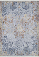 The Oriental Treasures - Machine-Washable Rug JR1613 (Custom Size) is a rectangular rug with a vintage distressed look, muted blue, gray, and gold tones, intricate faded edge patterns, and a lighter center with scattered motifs.