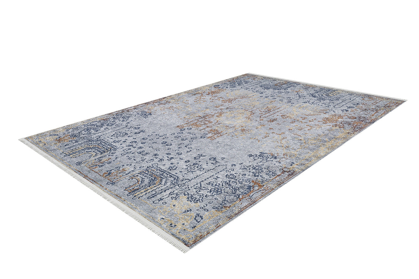 The Oriental Treasures - Machine-Washable Rug JR1613 (Custom Size) is a durable flat weave rectangular area rug with a faded vintage-style pattern in blue, gray, and beige, subtle floral and geometric motifs, plus fringe on the shorter edges.