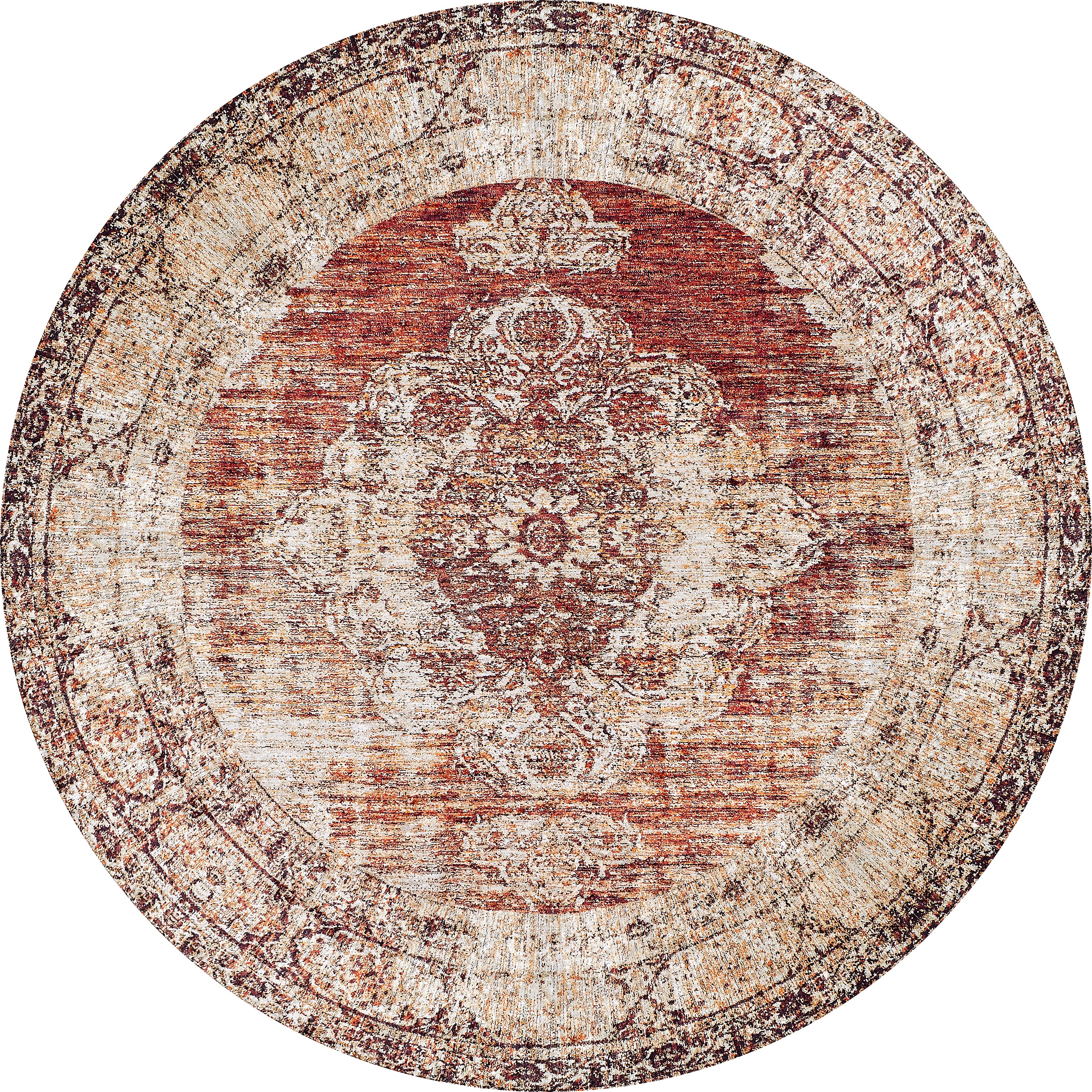 The Ornate Grace - Washable Rug - JR1009 is a round, vintage-style rug with a central medallion, ornate border patterns, distressed finish, and shades of red, beige, cream, bronze, and brown—perfect for high-traffic areas.