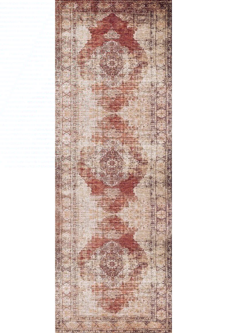 The Ornate Grace - Washable Rug - JR1009 (Outlet) US features a rectangular shape with a faded vintage red, beige, and brown design and intricate geometric and floral patterns—ideal for stylishly updating high-traffic spaces.
