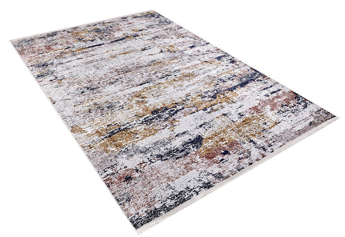 Load image 1 in gallery view. The Painted Dreams - Washable Rug - JR432 (Custom Size) features a distressed abstract pattern in white, gold, navy blue, and rust. Photographed at an angle for a 3D effect, this rug is washable and ideal for high-traffic areas.