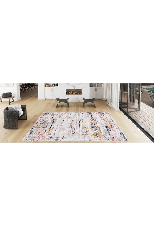 Load image 1 in gallery view. Modern living room with light wood floors, a gray armchair, two black stools, a white fireplace, floor-to-ceiling windows to the patio, and a Painted Dreams - Washable Rug - JR432 (Custom Size) in pastel hues ideal for high-traffic areas.