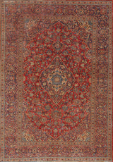 Palatial Grace - Washable Rug - JRN1021 (Custom Size) features a detailed central medallion, red background, and intricate blue, gold, and beige floral patterns, all framed by elegant borders with repeating motifs.