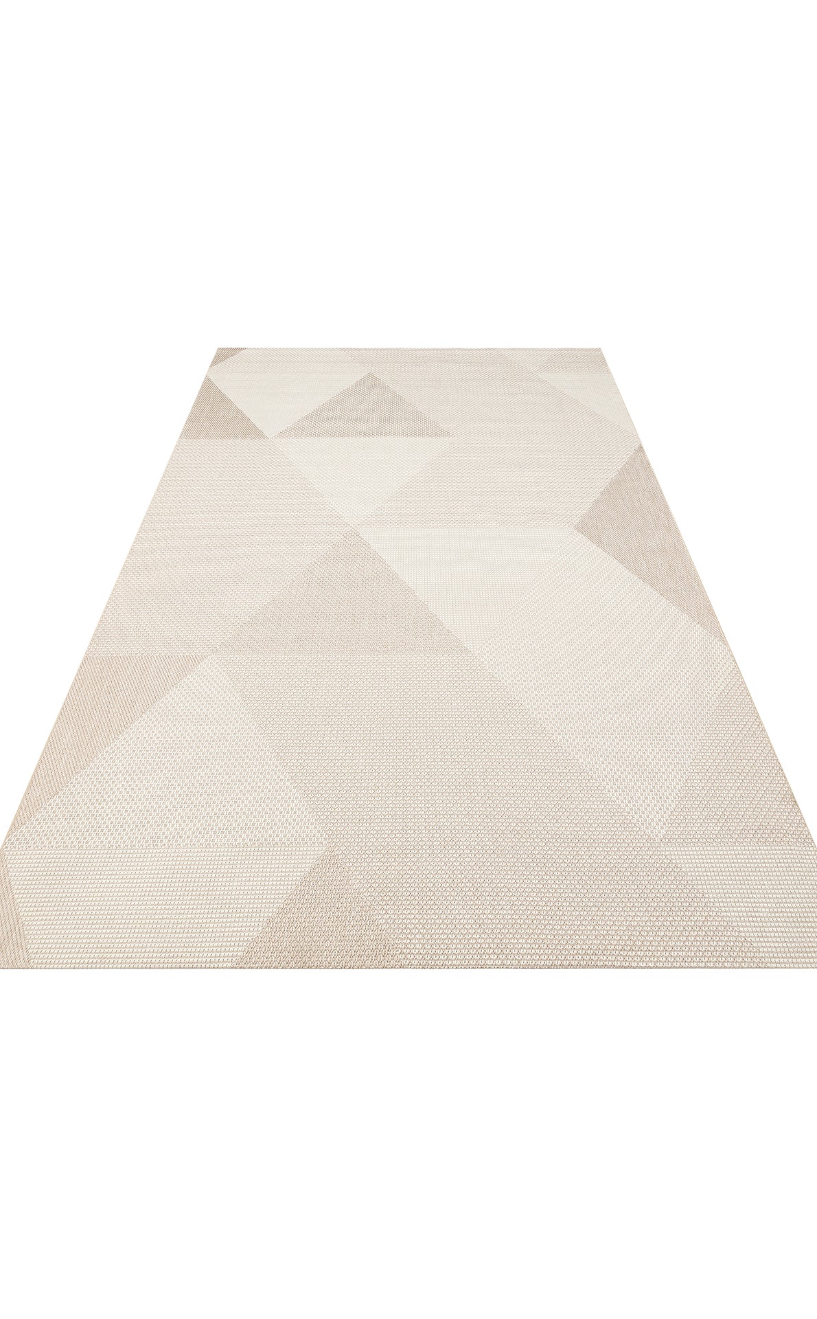 The Pale Shadow - Kilim - MNO03 is a beige and cream modern rug featuring a geometric pattern of overlapping triangles and polygons with a subtly raised texture, adding depth and contemporary style to any space.