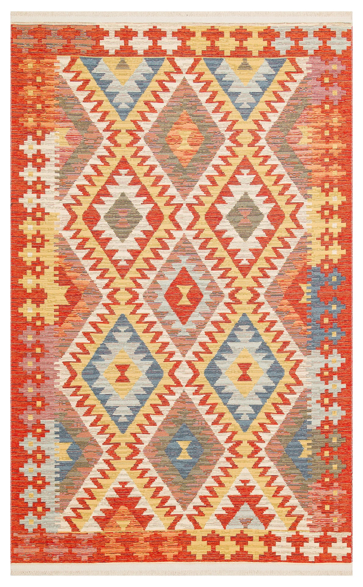 The Pastel Grid - Kilim - NMD09 is a vibrant geometric rug with a diamond pattern in red, orange, yellow, blue, and cream, enhanced by repeating triangles and zigzags.