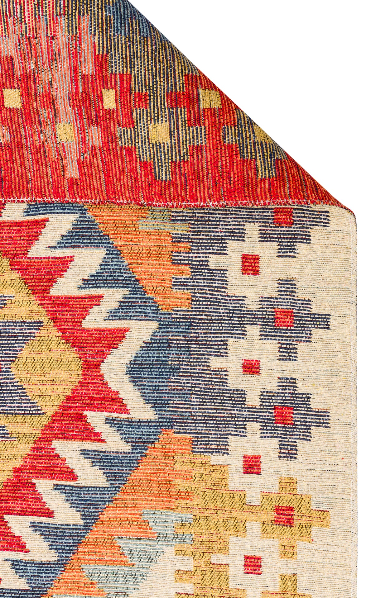 The Pastel Grid - Kilim - NMD09 is a bohemian rug with geometric red, blue, yellow, and cream patterns. A folded corner shows the underside’s detailed zigzag and diamond designs.