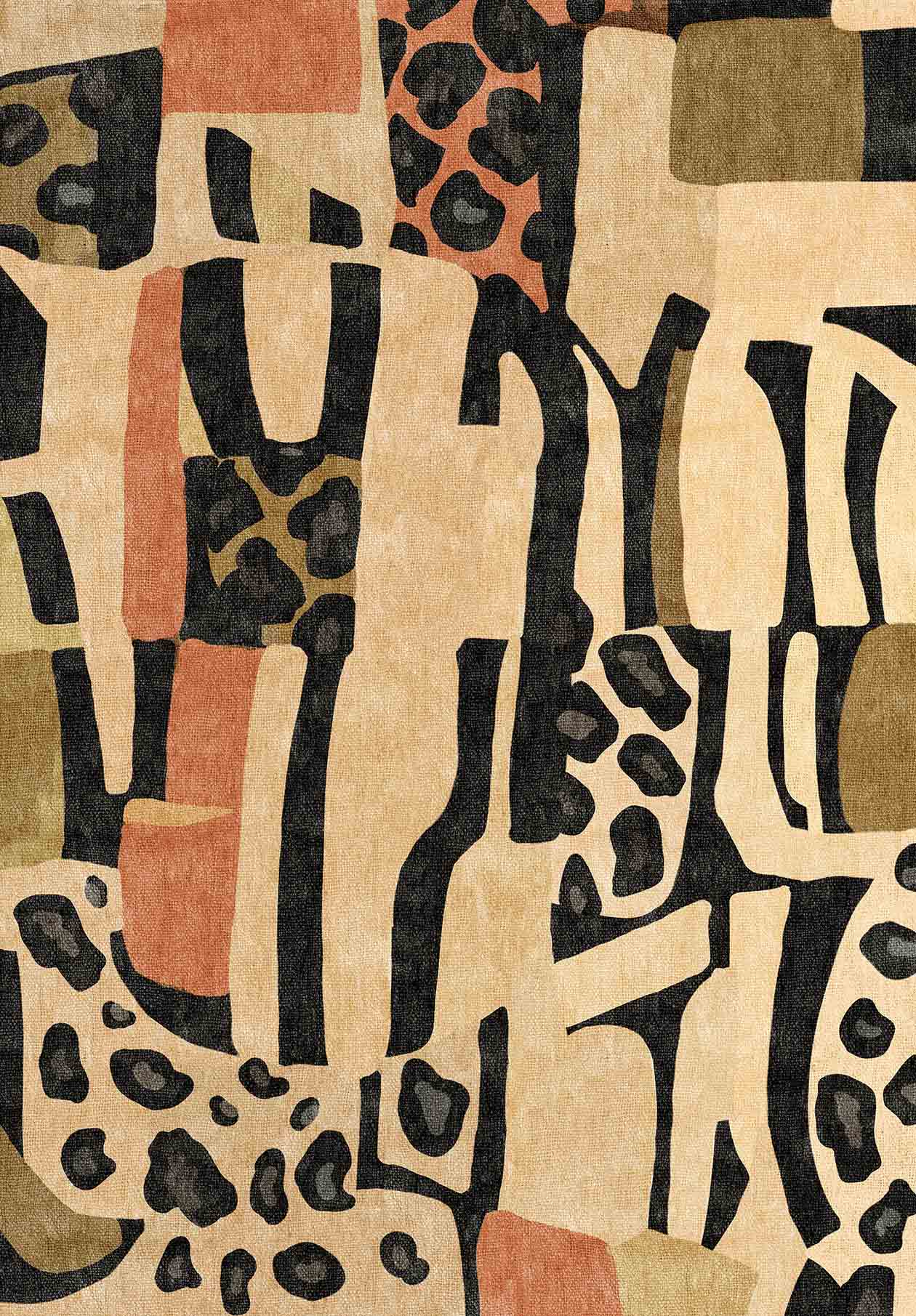 The Pastel Harmony - Washable Rug - JRN43 features abstract geometric and animal print patterns in tan, black, olive green, and rust. Bold solid and spotted areas create a modern look, perfect as a stylish washable rug for any space.