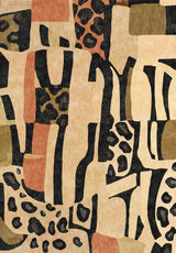 The Pastel Harmony - Washable Rug - JRN43 features abstract geometric and animal print patterns in tan, black, olive green, and rust. Bold solid and spotted areas create a modern look, perfect as a stylish washable rug for any space.