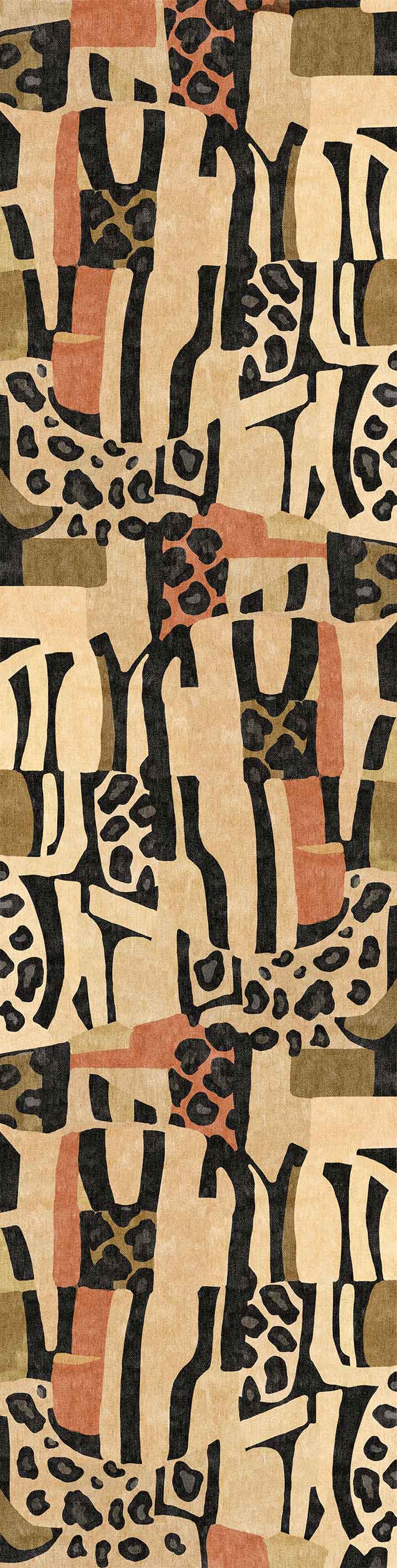 The Pastel Harmony - Washable Rug - JRN43 showcases a modern abstract pattern with geometric shapes and organic forms in black, beige, brown, and olive tones, arranged in a vertically mirrored and repetitive design.