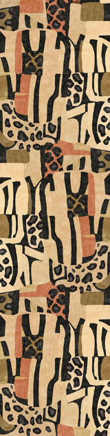 The Pastel Harmony - Washable Rug - JRN43 showcases a modern abstract pattern with geometric shapes and organic forms in black, beige, brown, and olive tones, arranged in a vertically mirrored and repetitive design.