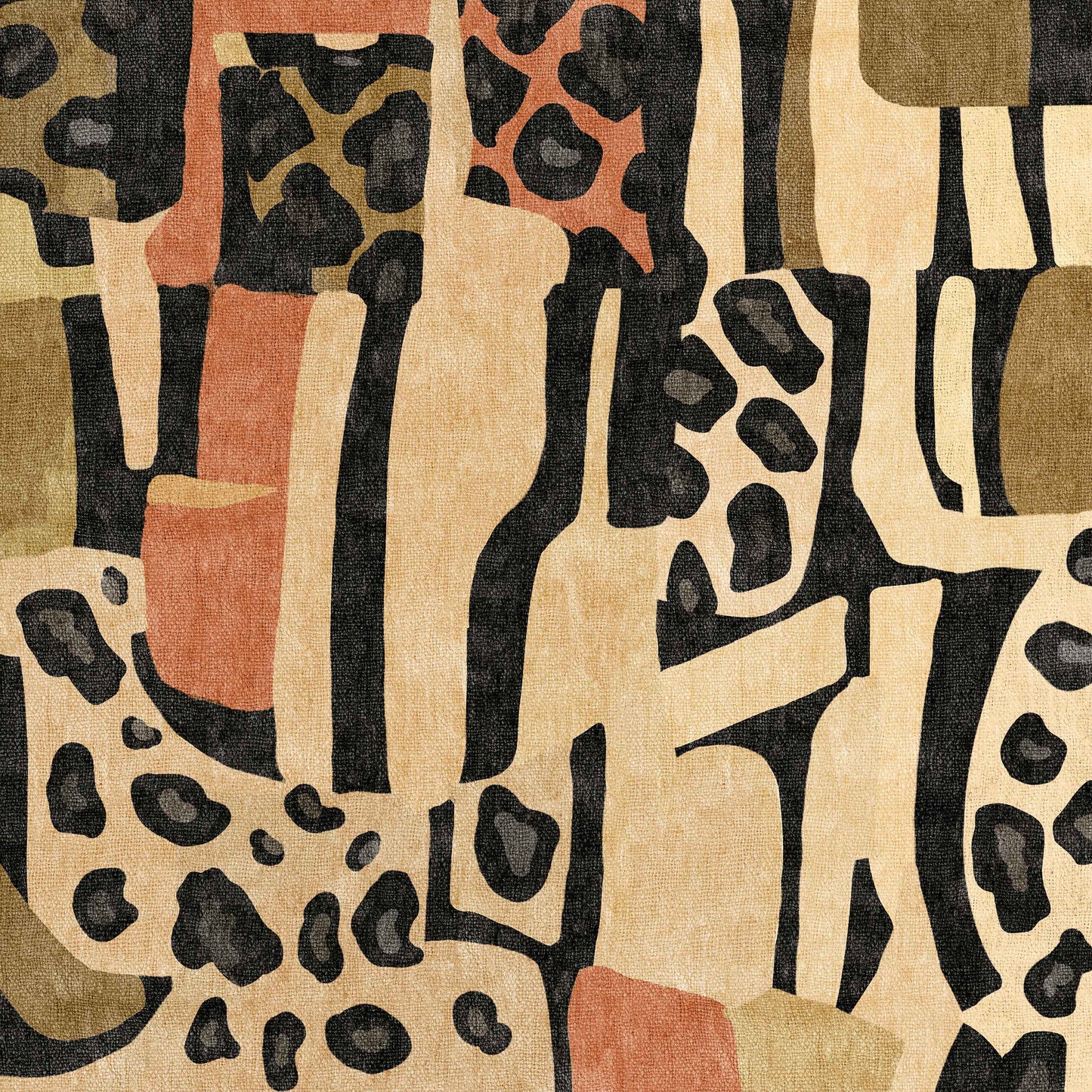 The Pastel Harmony - Washable Rug - JRN43 (Custom Size) blends geometric and organic shapes in beige, black, olive green, and rust tones—some resembling animal spots—ideal for allergy-sensitive homes and high-traffic spaces.