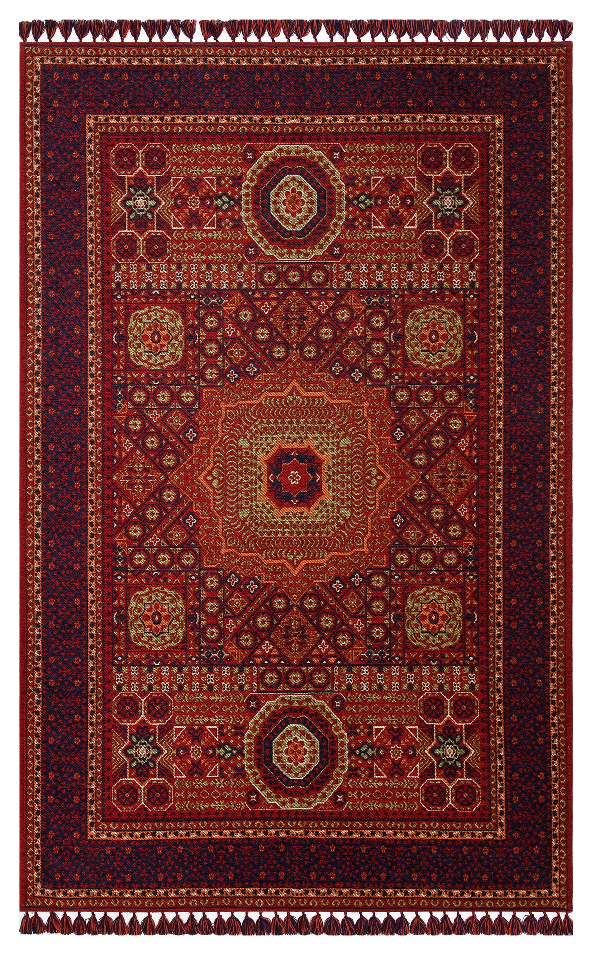 The Patch Bloom - Kilim - BHR10 showcases classic elegance with intricate geometric and floral motifs in red, gold, green, and navy blue. Its detailed borders and fringed edges make it a timeless centerpiece for any space.