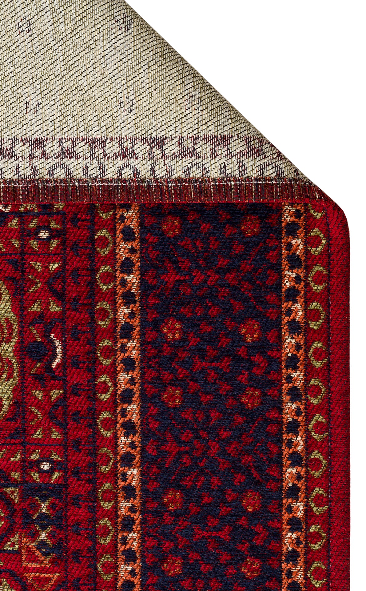 A close-up of the Patch Bloom - Kilim - BHR10 shows its intricate red, navy, and gold geometric patterns, highlighting the detailed weave and stitching on both the front and the folded-over back.