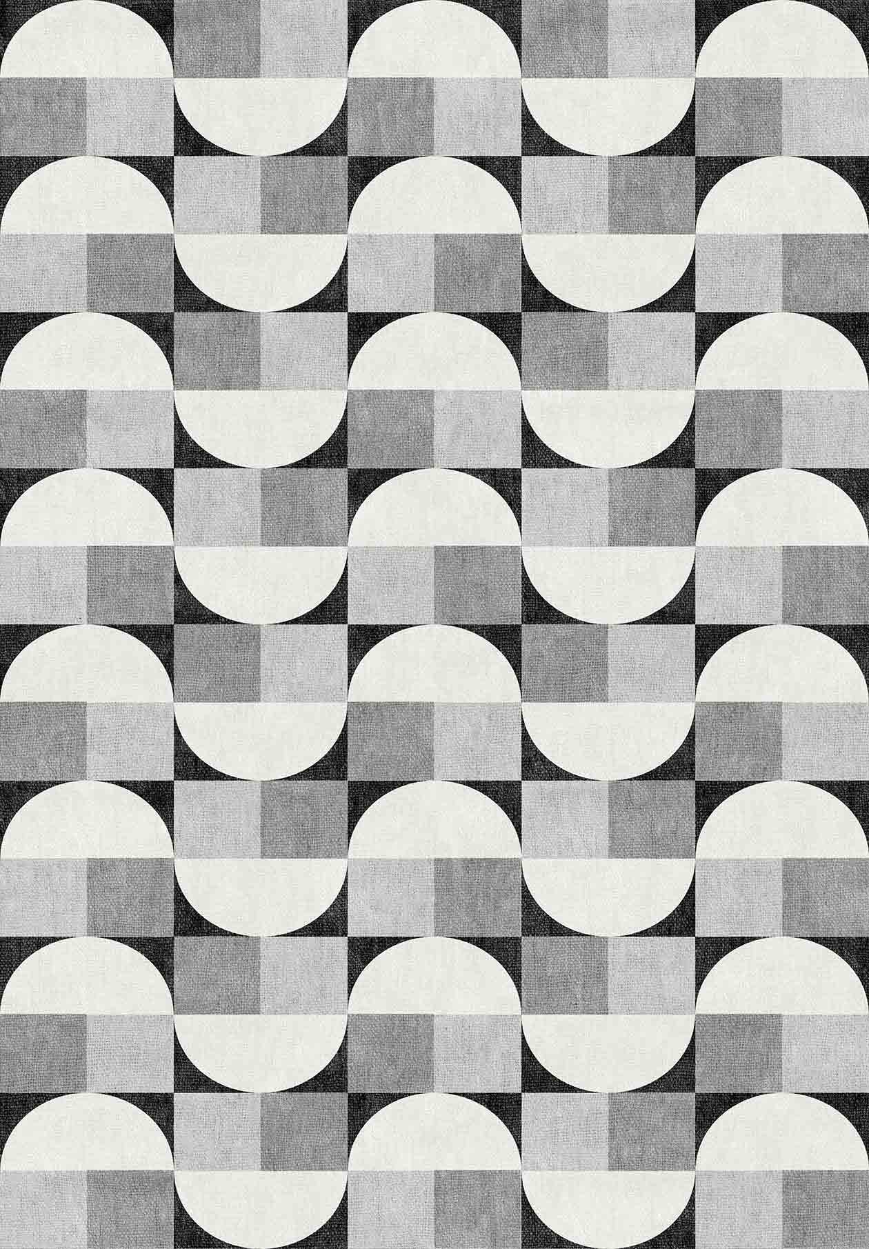 The Patina Bloom - Washable Rug - JRN50 features a modern geometric pattern with alternating semicircles and rectangles in black, white, and gray for an eye-catching, optical illusion effect—ideal for contemporary interiors.