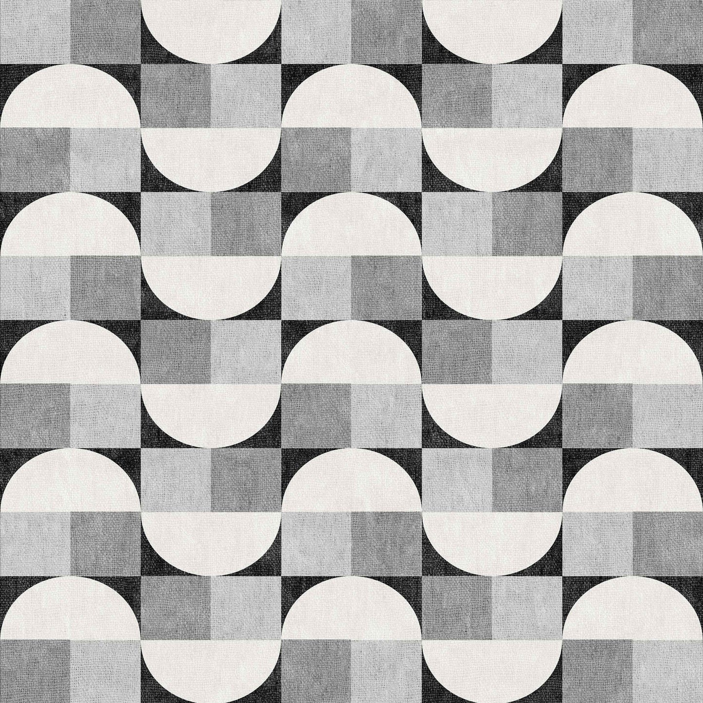 The Patina Bloom - Washable Rug - JRN50 features a geometric black, white, and gray pattern with alternating squares and semi-circles, creating an optical illusion of movement—ideal for enhancing modern interiors.