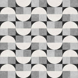 The Patina Bloom - Washable Rug - JRN50 features a geometric black, white, and gray pattern with alternating squares and semi-circles, creating an optical illusion of movement—ideal for enhancing modern interiors.