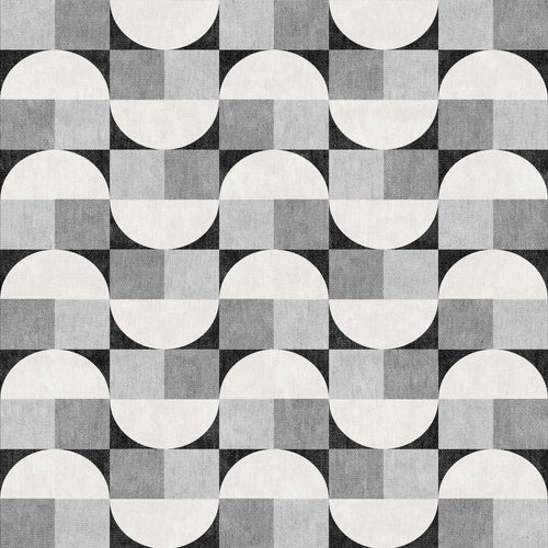 Load image 1 in gallery view. The Patina Bloom - Washable Rug - JRN50 features a geometric black, white, and gray pattern with alternating squares and semi-circles, creating an optical illusion of movement—ideal for enhancing modern interiors.