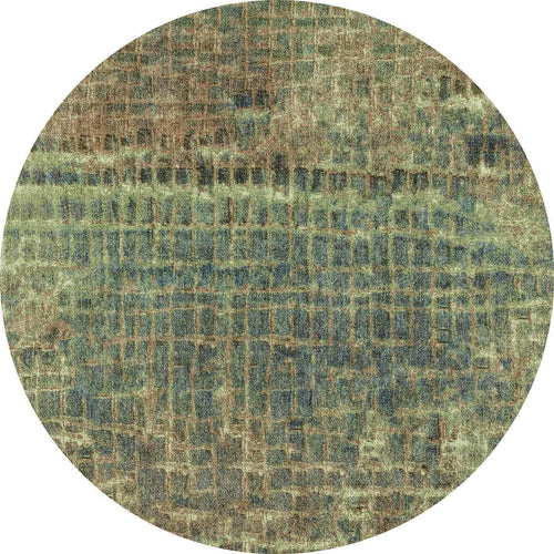 Load image 1 in gallery view. Round rug with a distressed grid pattern in shades of sage green, slate blue, and muted brown.