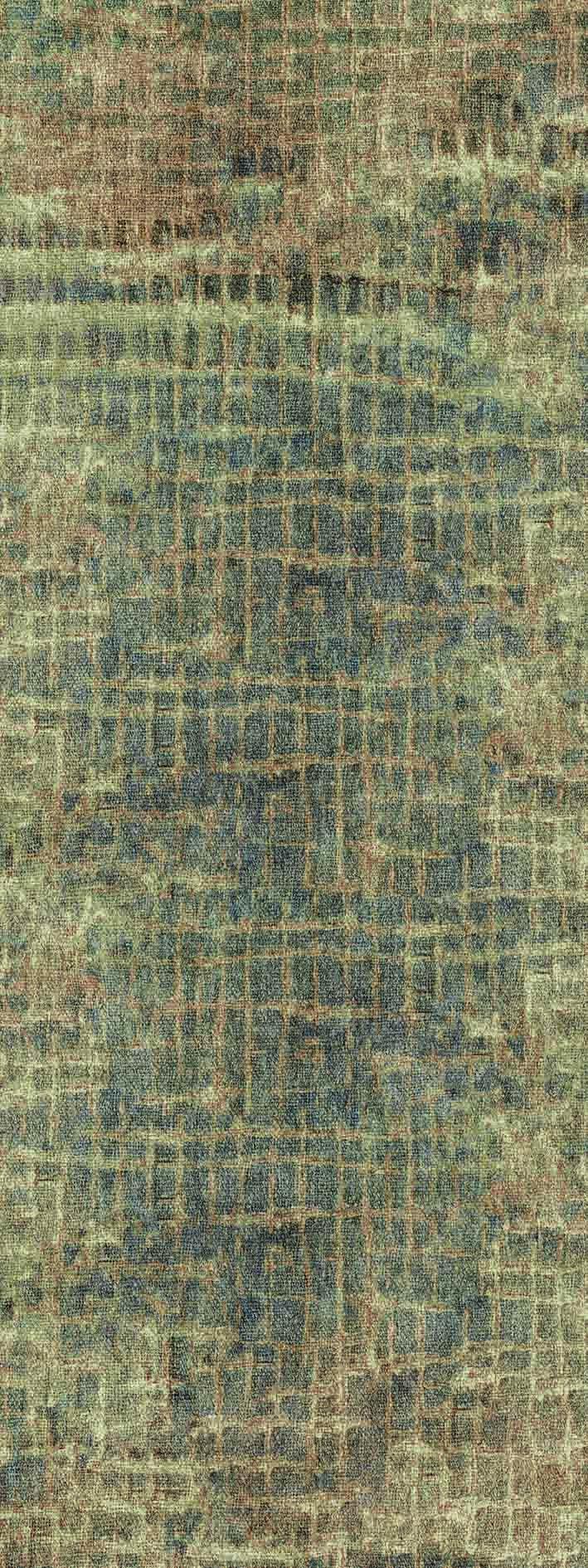 Olive green and charcoal grey rug with a distressed, abstract grid pattern.