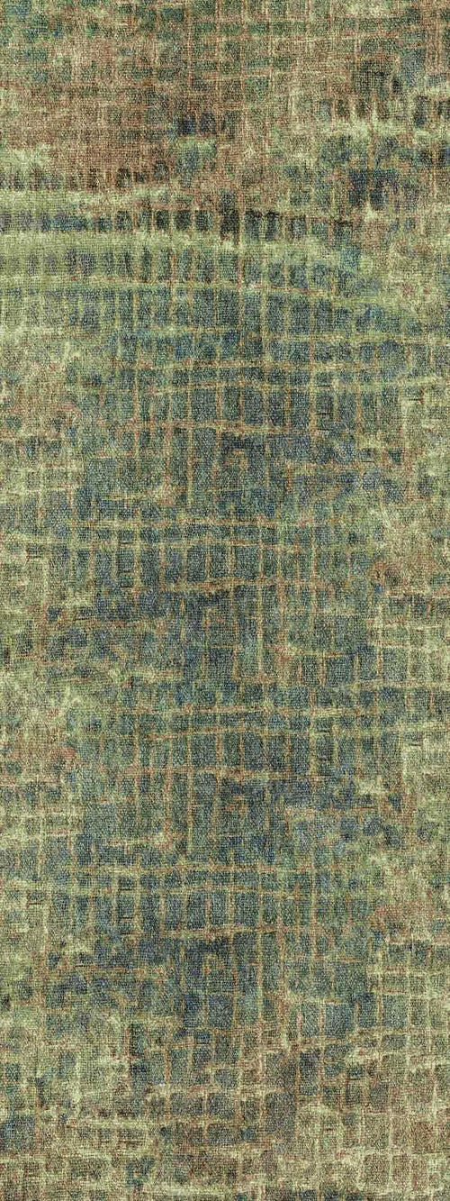 Load image 1 in gallery view. Olive green and charcoal grey rug with a distressed, abstract grid pattern.
