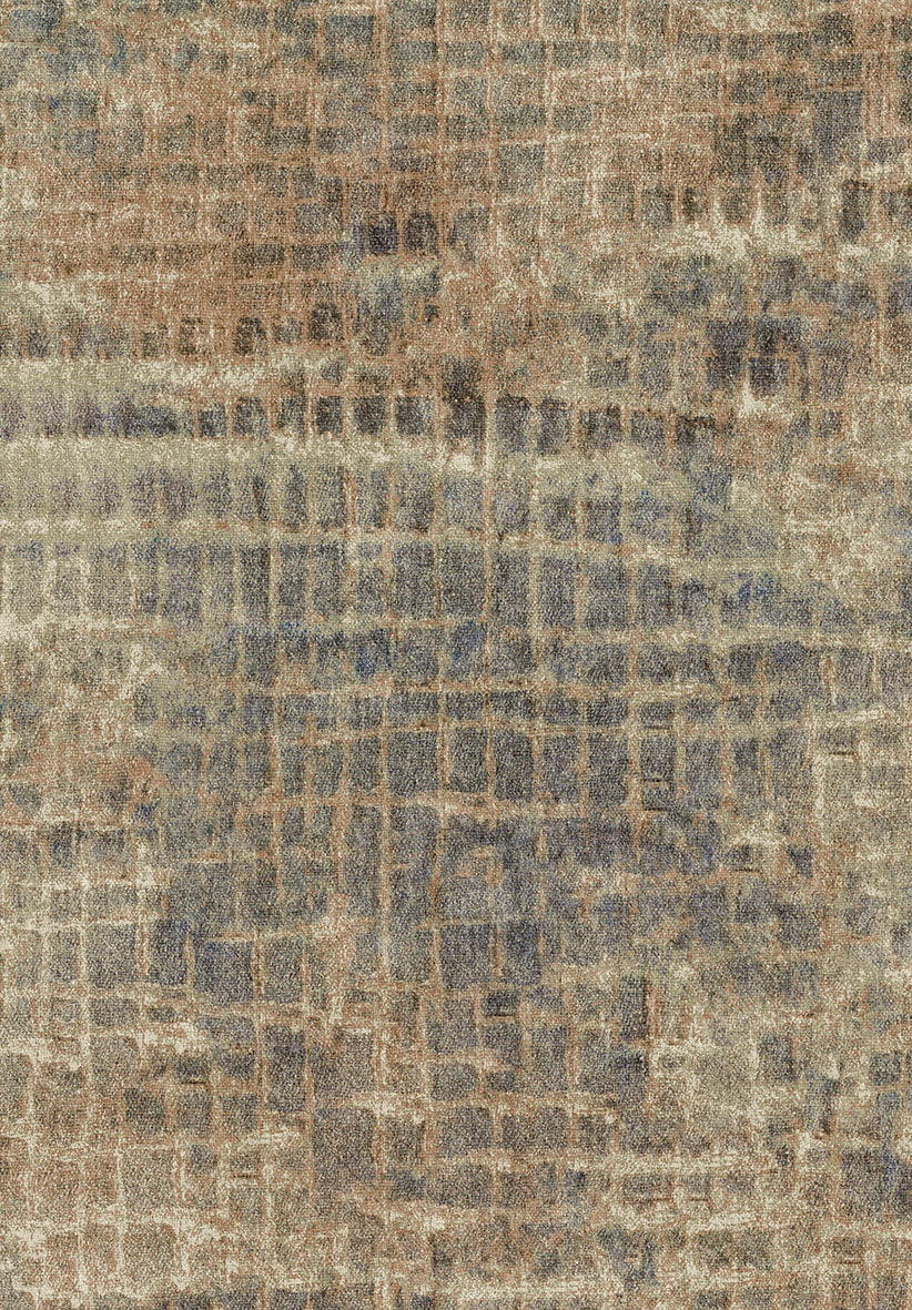 Olive green and charcoal grey rug with a distressed, abstract grid pattern.