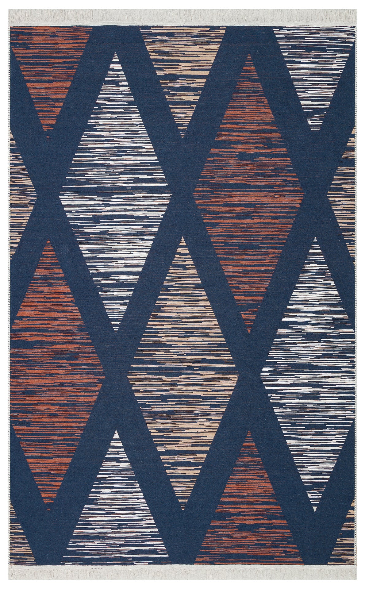 The Pattern Field - Washable Reversible Kilims - AR38 features a flatwoven design with navy blue diamond shapes bordered by bold lines and filled with orange, white, and blue stripes. Light fringe edges complete this stylish geometric rug.