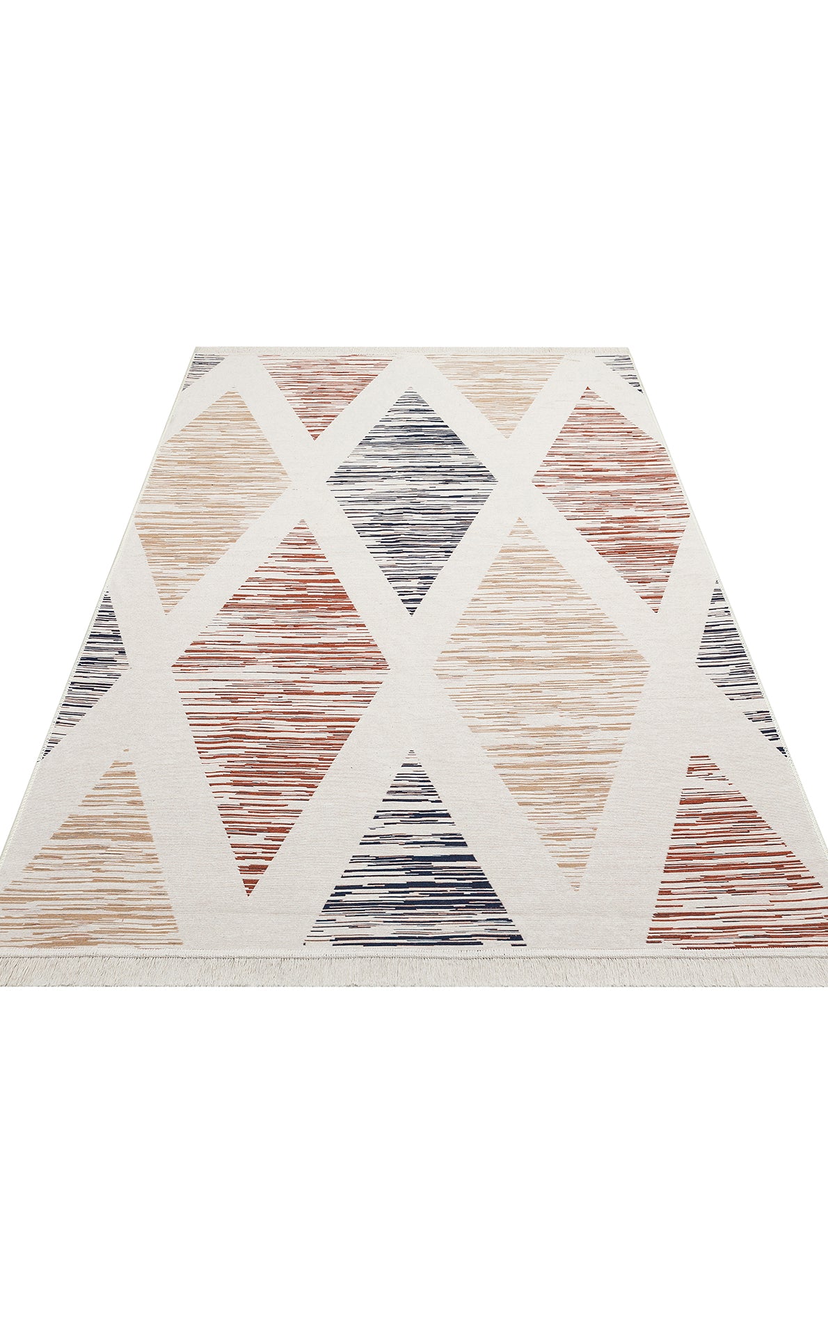 The Pattern Field - Washable Double-Sided Kilims - AR38 is a rectangular kilim area rug with a geometric design of large diamonds and triangles in beige, terracotta, and dark blue on a cream background.