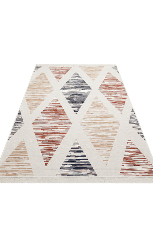 Load image 1 in gallery view. The Pattern Field - Washable Reversible Kilims - AR38 is a rectangular flatwoven rug with large triangles and diamonds in muted beige, rust, and navy, plus horizontal stripe accents within the geometric design.