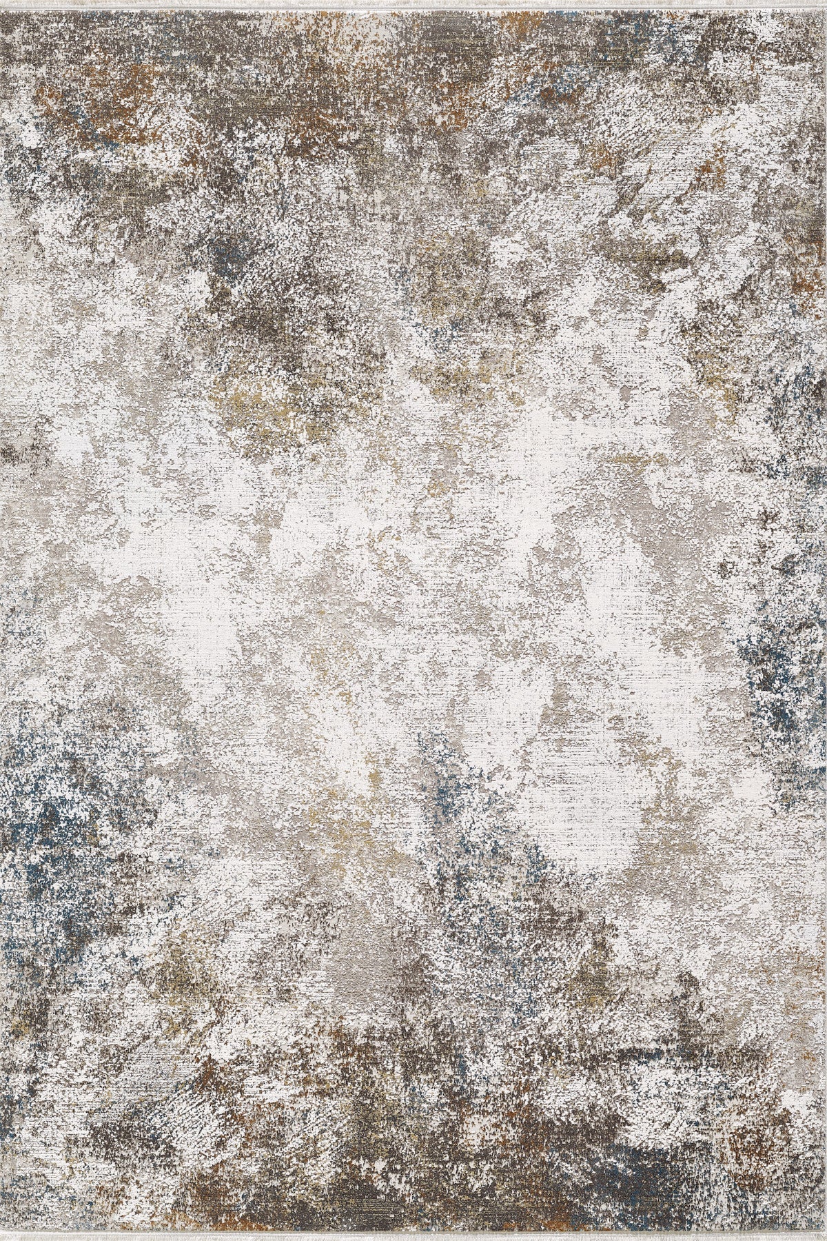 The Pebble Pathway Premium Area Rug - M683L features a rectangular, distressed abstract design in white, beige, brown, gray, and blue tones. This machine-made rug adds modern artistic flair to any space.