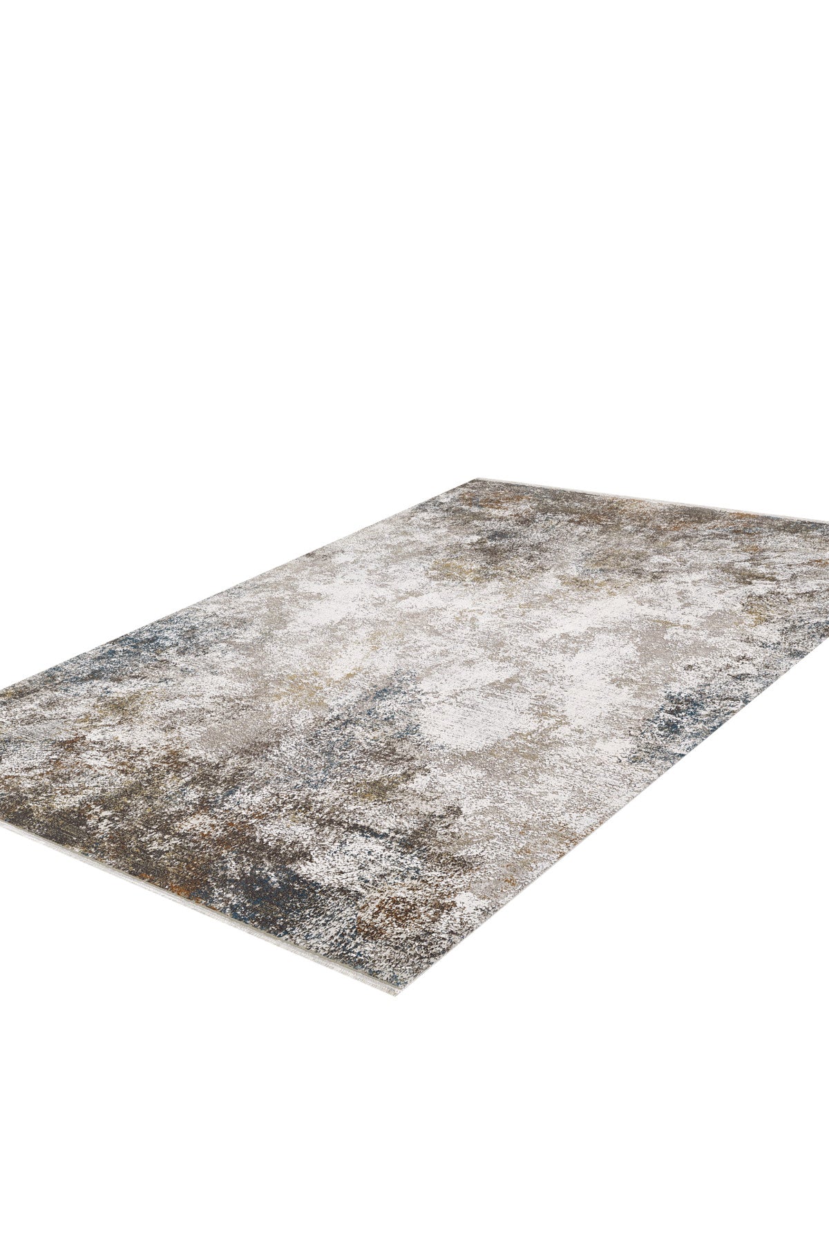 The Pebble Pathway Premium Area Rug - M683L is a rectangular, machine-made rug featuring a distressed abstract pattern in grey, brown, blue, and beige tones, displayed on a white background.