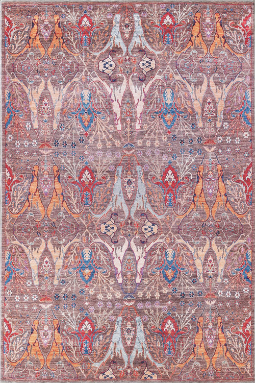 Bild 1 in Galerieansicht laden. The Peregrine Peachy Brown Washable Rug - LCC3022 (Outlet) US features an ornate, symmetrical oriental flat weave with detailed floral and paisley motifs in earthy red, blue, bronze, and brown on a muted background.