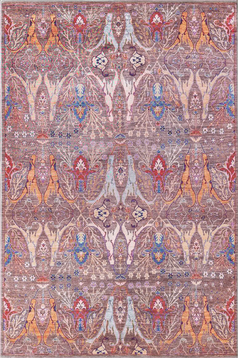 The Peregrine Peachy Brown Washable Rug - LCC3022 (Outlet) US features an ornate, symmetrical oriental flat weave with detailed floral and paisley motifs in earthy red, blue, bronze, and brown on a muted background.